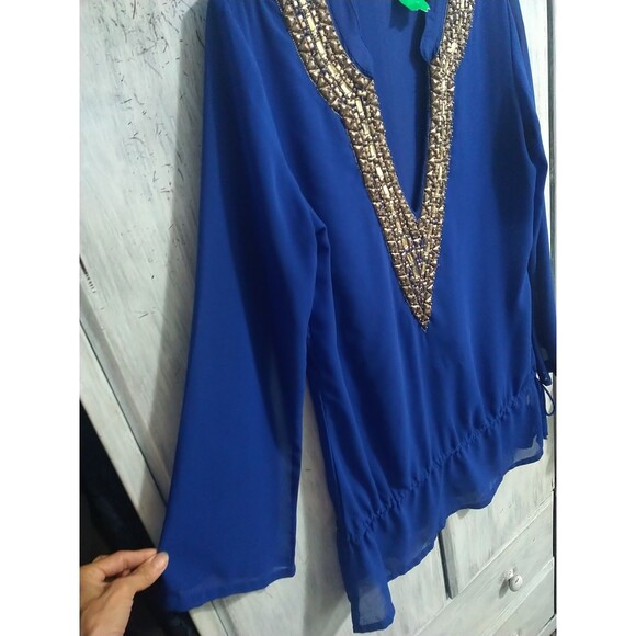 Boston Proper Sheer V-neck Embellished Long Sleeve Top Blue Classy Small - Picture 3 of 11